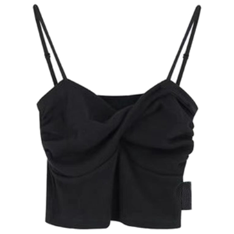 French Pure Desire Style Black Pleated Cropped Top Women