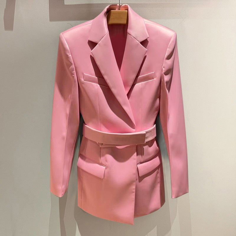 NEW SATIN BELT BLAZER DRESS WITH REMOVABLE