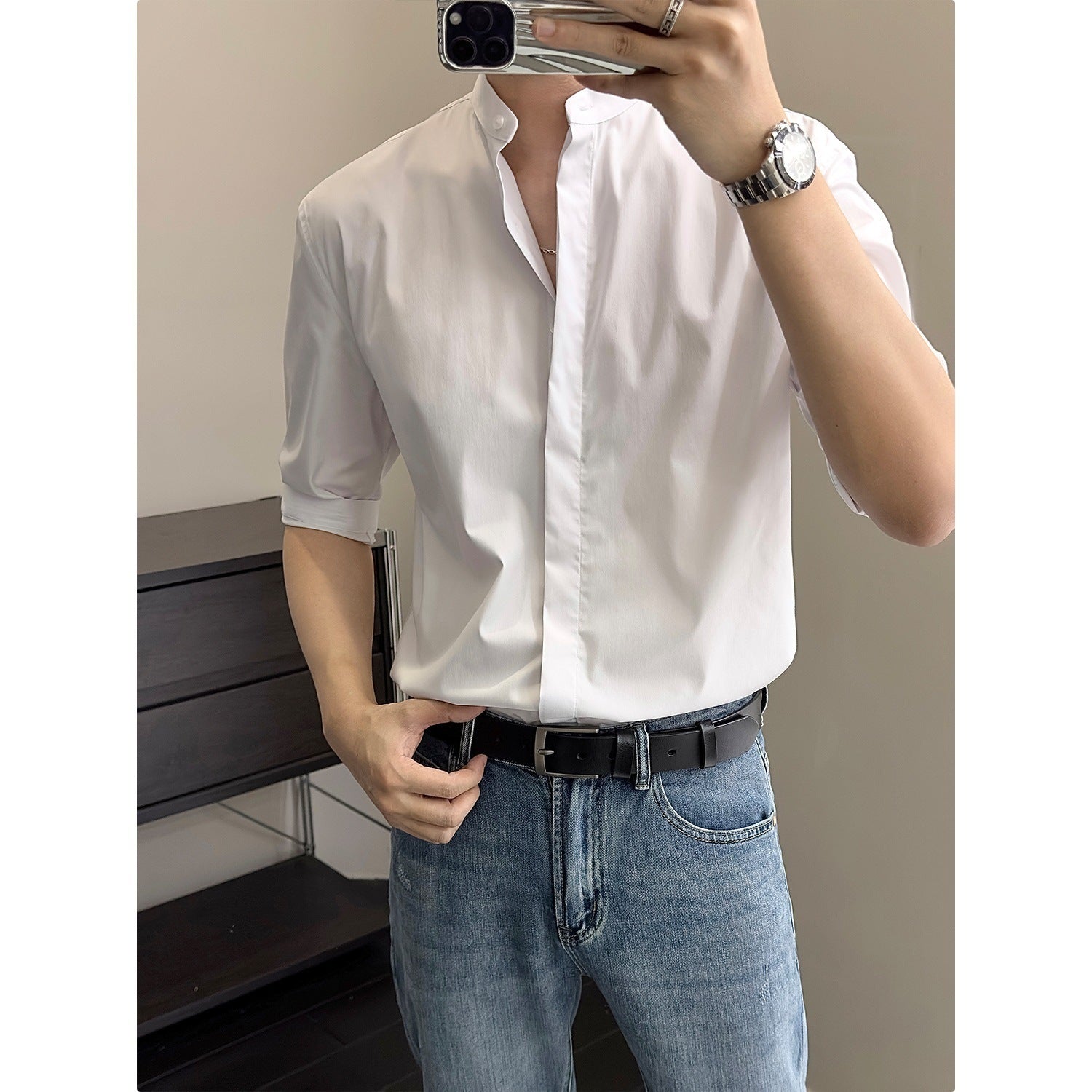 Chinese Men's Shirt Summer Stand Collar Shirt Half Sleeve Shirt Men